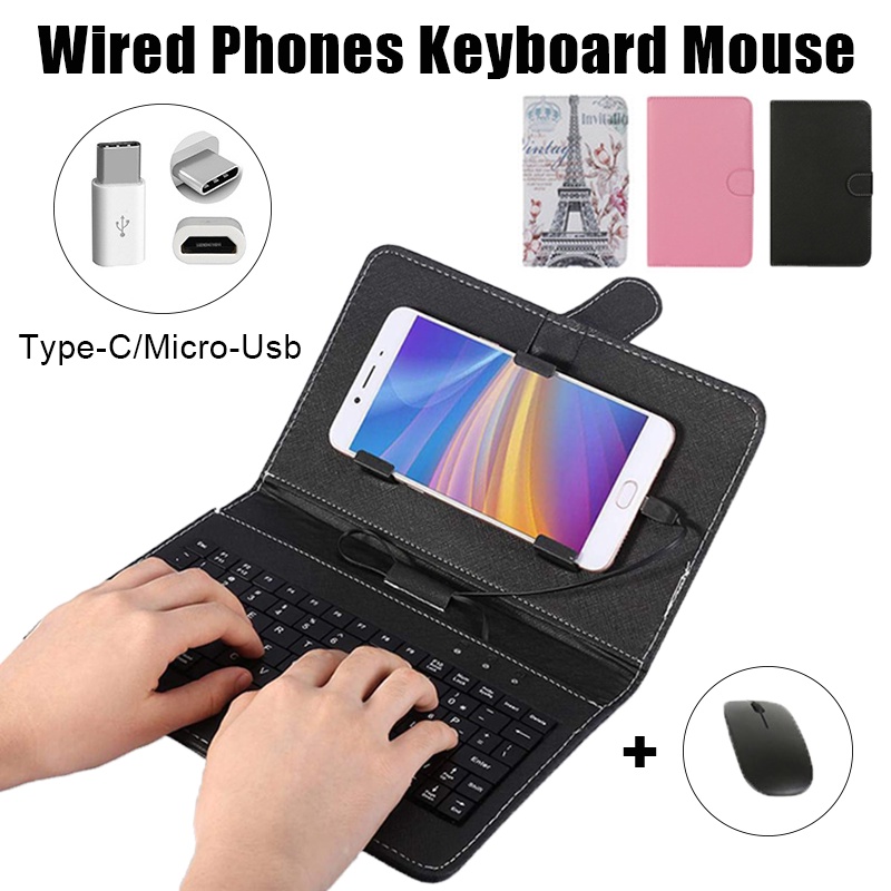 Keyboard Ponsel dengan Casing Pelindung untuk Fungsi OTG Casing Kulit PU Berkabel USB Keyboard Stand Holder Penutup Pelindung Ponsel untuk Android