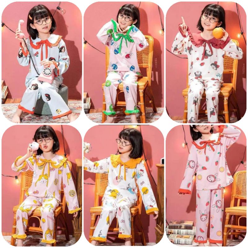 Setelan Baju Tidur Piyama Panjang Import Premium Anak Perempuan Putri Cewek Kartun Karakter Hello Ki
