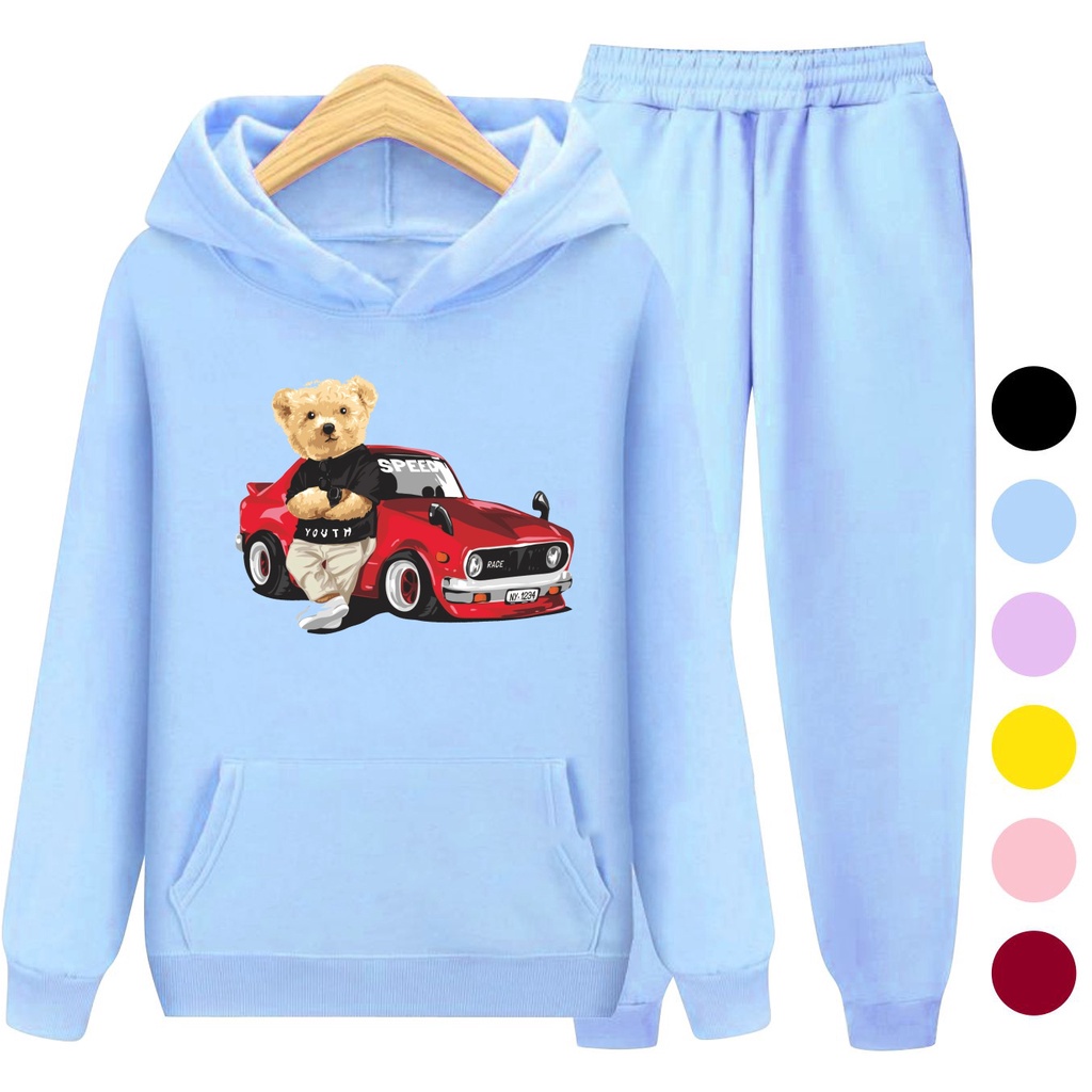 Setelan Sweater Anak + Celana TEDDY CAR / Set Sweater Hoodie Anak Laki - Laki Remaja Kekinian Terbaru