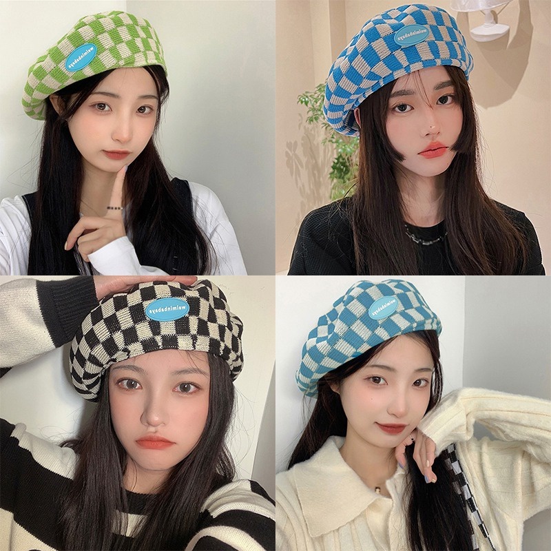 Topi Baret Rajut Motif Kotak-Kotak Gaya Korea Untuk Wanita