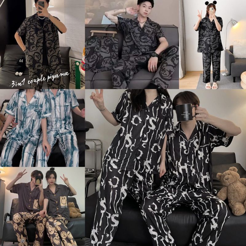 SETELAN ONE SET PIYAMA BAJU TIDUR 3IN1 COUPLE PASANGAN KELUARGA SUAMI ISTRI CEWEK COWOK PRIA WANITA 