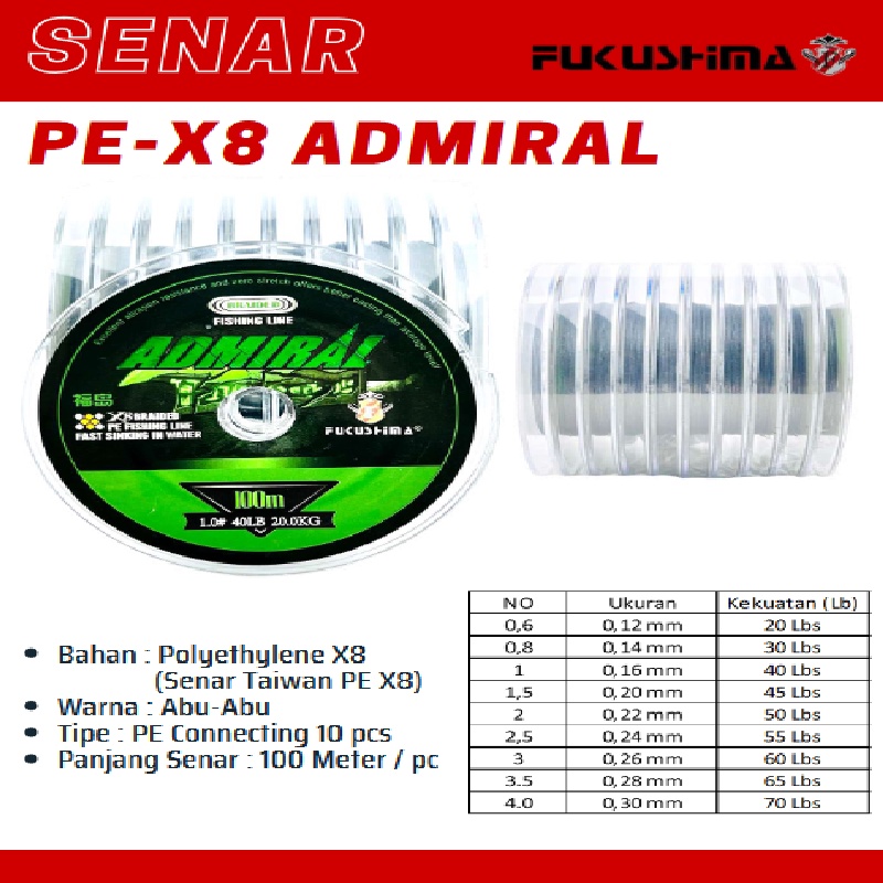 Senar Pancing PE X8 Fast Sinking Fukushima Admiral Warna Gray 100 meter / roll