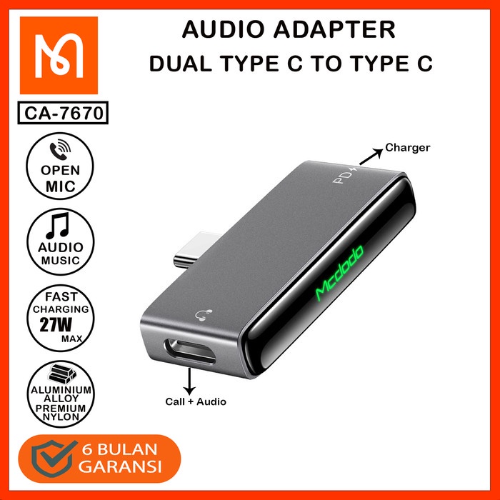 Mcdodo Ca-7670 Audio Adapter Type C To Dual Type C Charging + Call