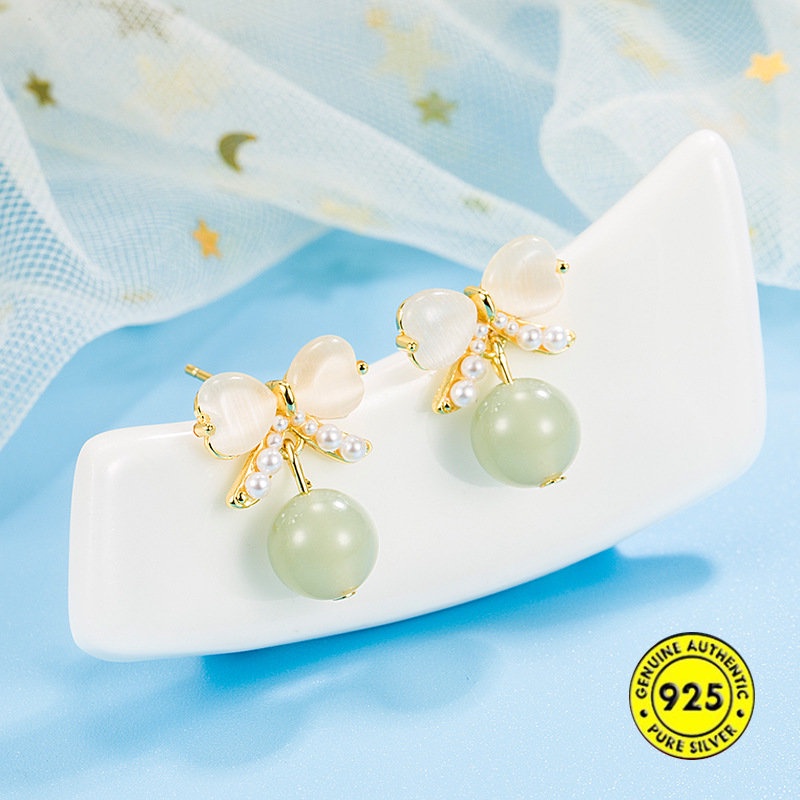 Anting Tusuk Batu Giok Hetian Opal 18K Untuk Wanita U1071