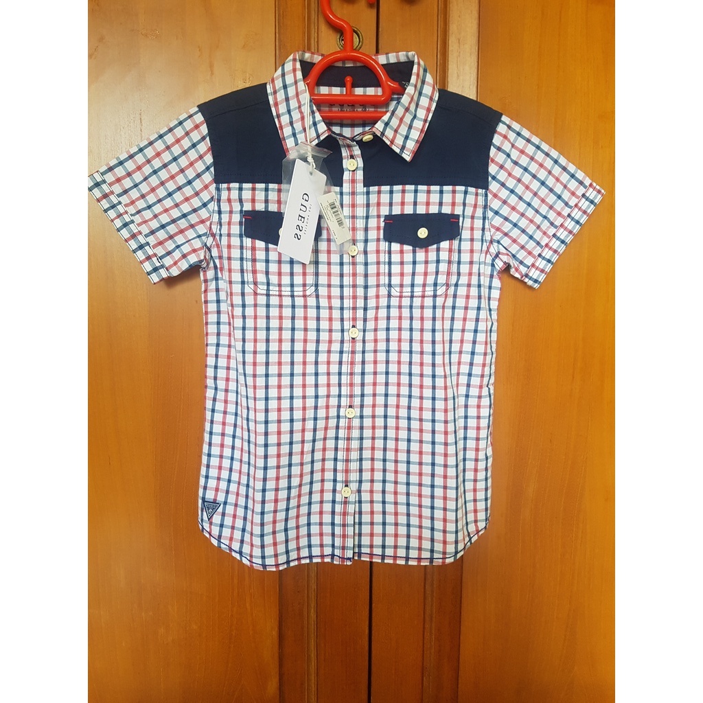 kemeja anak Laki Guess Original kids baju lengan pendek usia 6 SALE kotak lucu K2QX