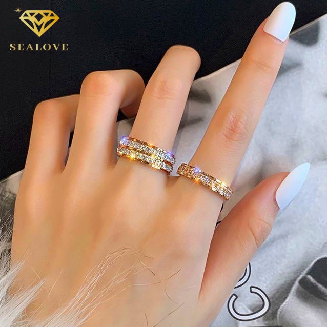 SEALOVE Wanita Titanium Cincin Anti Karat 18K Emas Penuh Berlian diamond ring Perhiasan Premium Korea Hadiah