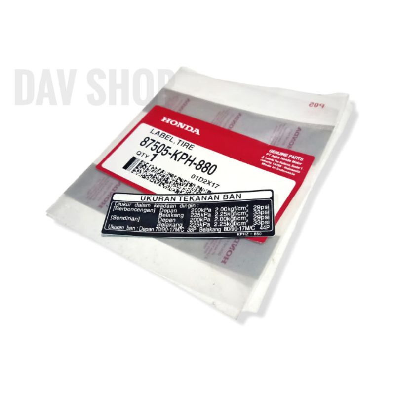 LABEL TIRE/STIKER TEKANAN BAN TUTUP RANTAI KARISMA 125 D X SUPRA X 125 ORIGINAL AHM