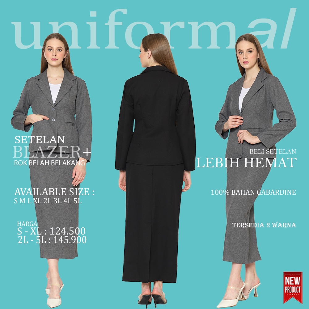 Setelan Blazer Dan Rok Set Panjang BELAH BELAKANG Wanita, Blezer Hitam Abu S - XL Stelan Perempuan Formal Kantor Kerja Korea Bahan Gabardine Import READY STOCK