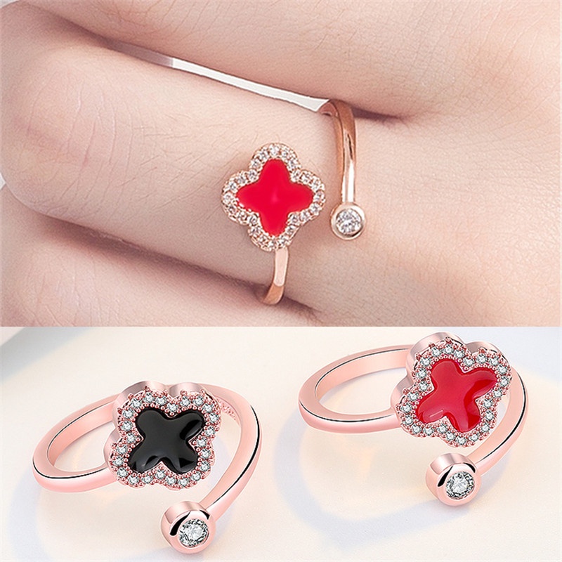 Cincin S925 Silver Bentuk Daun Clover Warna Rose Gold Gaya Korea Untuk Wanita