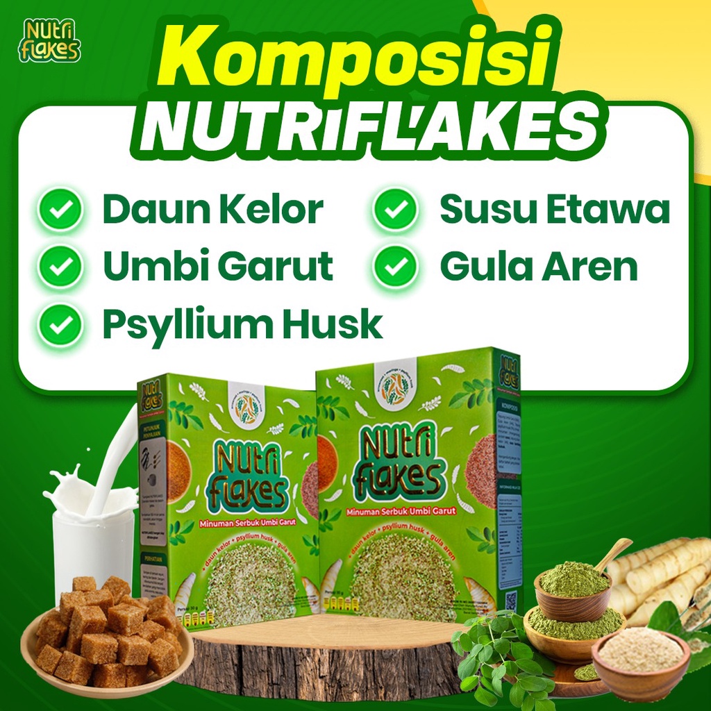 Nutriflakes Minuman Serbuk Umbi Garut || Nutriflek Nutriplek Sereal Umbi Garut Asli Dengan Psyilium Husk &amp; Daun Kelor Solusi Perlancar Pencernaan Bantu Terapi Asam Lambung Maag Asam Lambung Kronis Sumber Vitamin &amp; Serat Isi 280gr