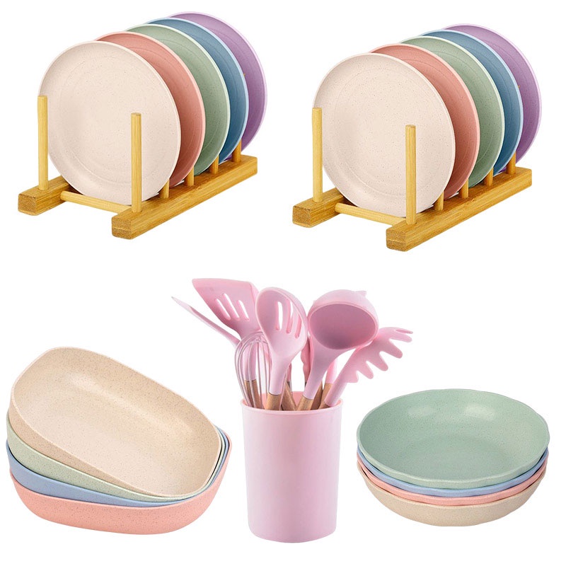 KAGK 4/5/12Pcs Set Alat Masak / Wheat Straw Piring  Bulat /Piring Kotak/Silikon Spatula / Kitchen Set Oil Brush