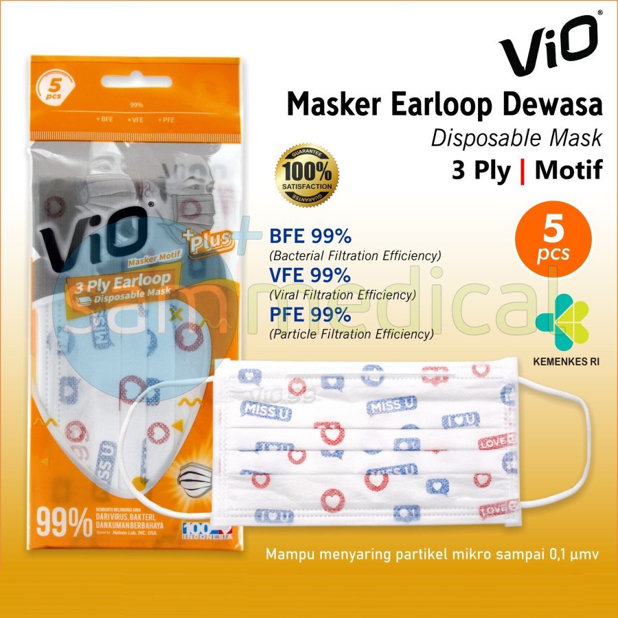 Masker medis Vio plus earloop isi 5's BFE 99,8 %