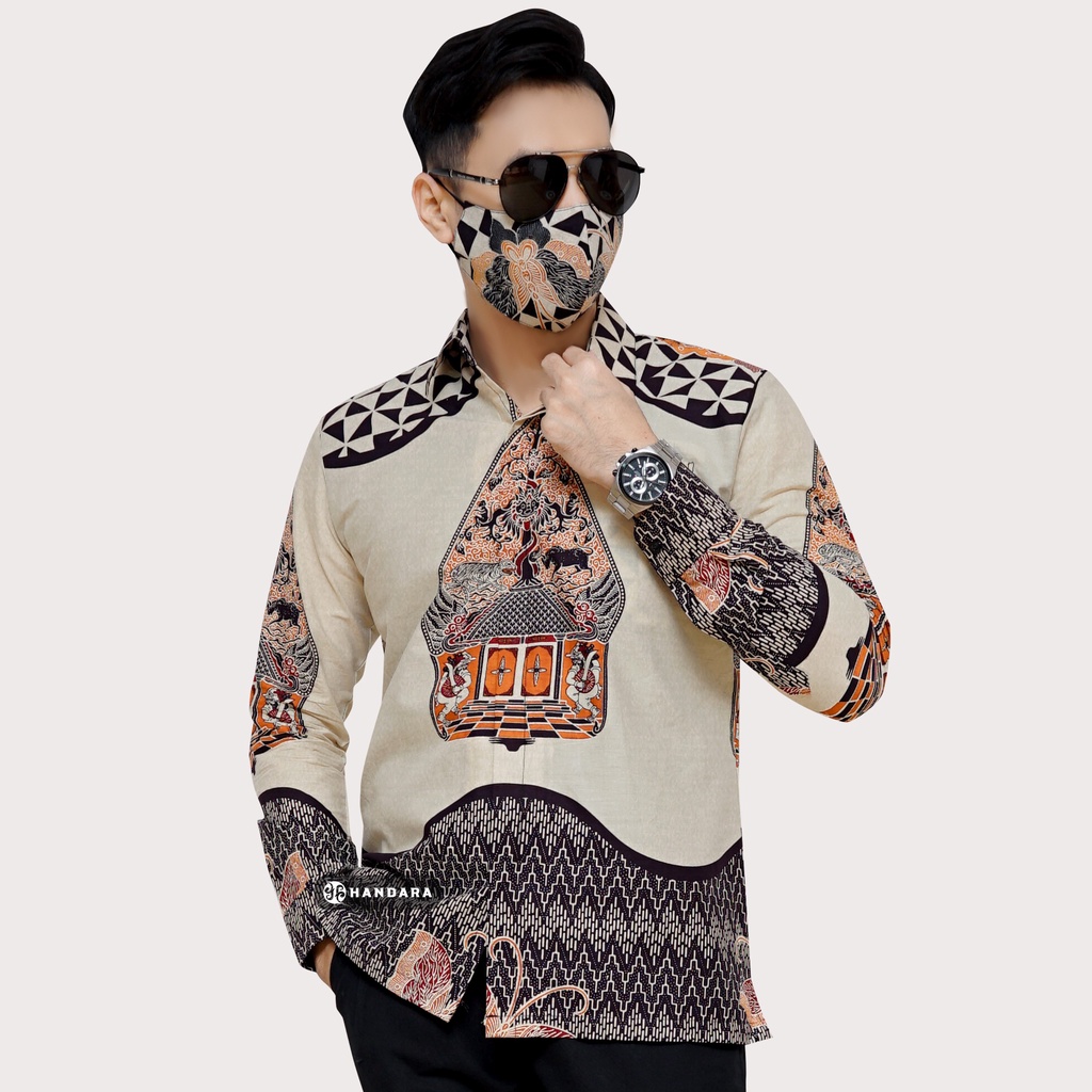 Baju Kemeja Batik Pria Lengan Panjang Slim Fit Premium Modern Full Furing Katun Halus Original Handara Motif Gunungan Sindoro Putih Krem HB-102