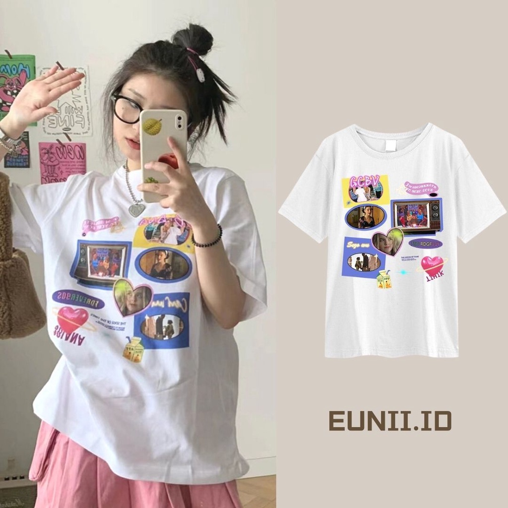 EUNII T-shirt Lengan Pendek Angka Pencetakan Longgar Korean Style/Kaos Atasan Wanita/Baju Kaus Oversize Wanita