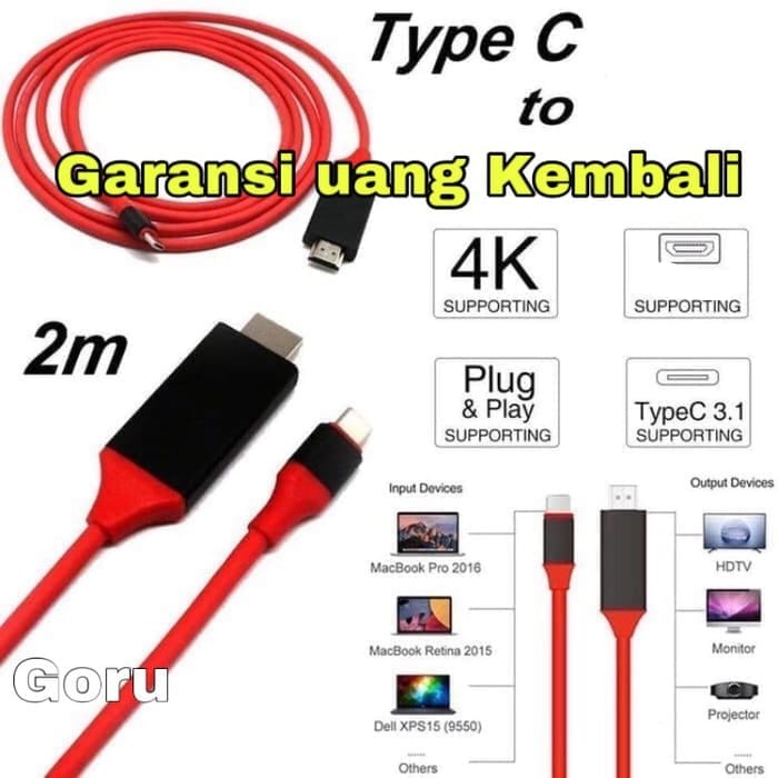 Kabel HDTV Usb type C To cable converter 2 meter 4K Android ios