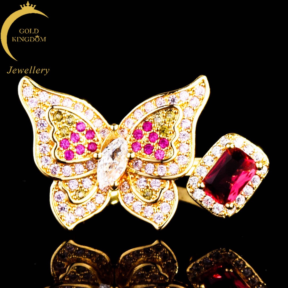Cincin Lapis Emas Emas Asli Kadar 375Desain Kupu-Kupu Hias Rubi Berlian Untuk Wanita Butterfly