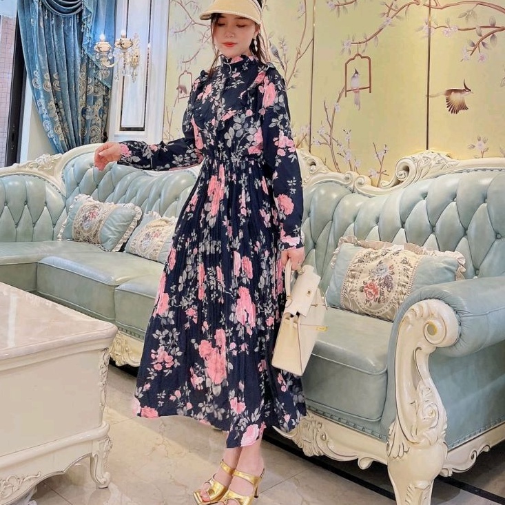 12348 Baju Maxidress longdress PLEATED Maxi dress Plisket motif bunga floral dres Korea Korean style
