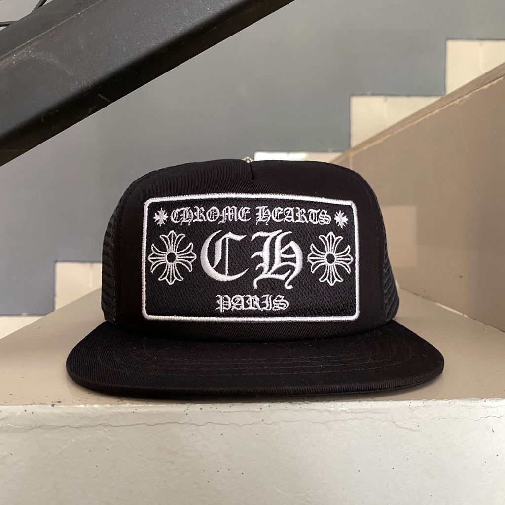 TOPI CHROME HEARTS PARIS HOLLYWOOD MADE IN USA TRUCKER JARING HITAM