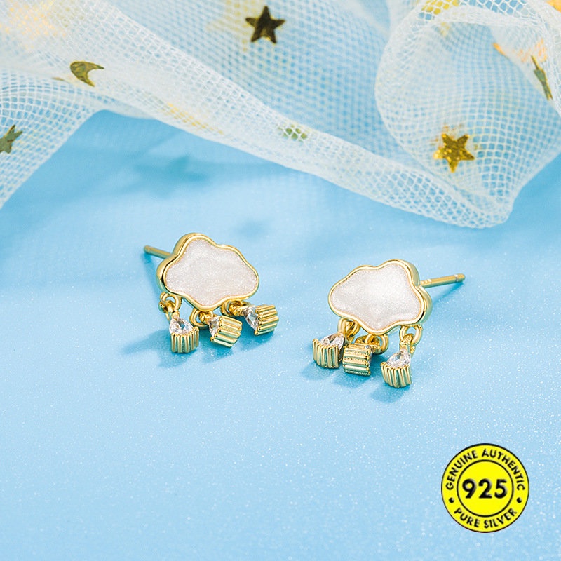 Anting Tusuk Lapis Emas 18K Dengan Mutiarabatu Zircon Model Tetesan Air Hujan Untuk Wanita U1076