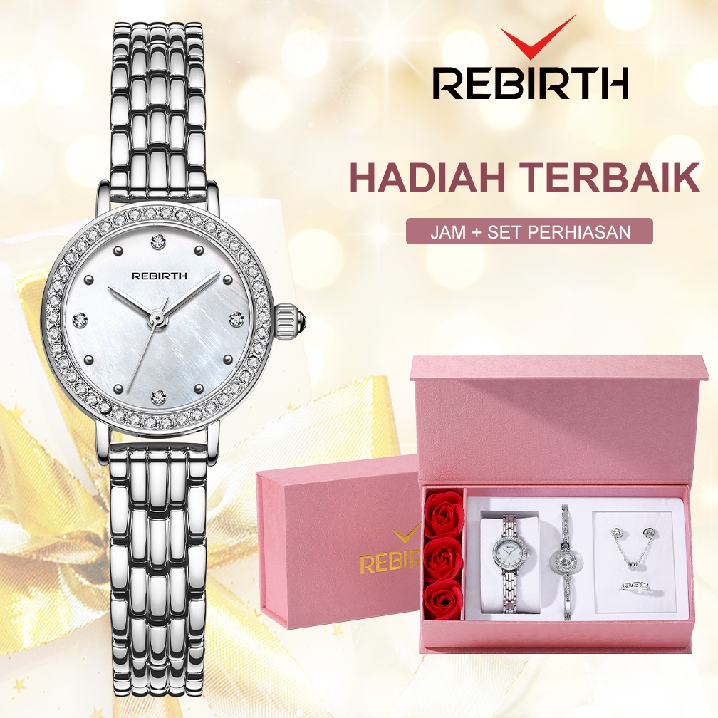 REBIRTH Jam Tangan Wanita Original Mode Elegan Set Perhiasan Lima Potongan (Jam Tangan + Gelang + Kalung + Anting + Cincin)