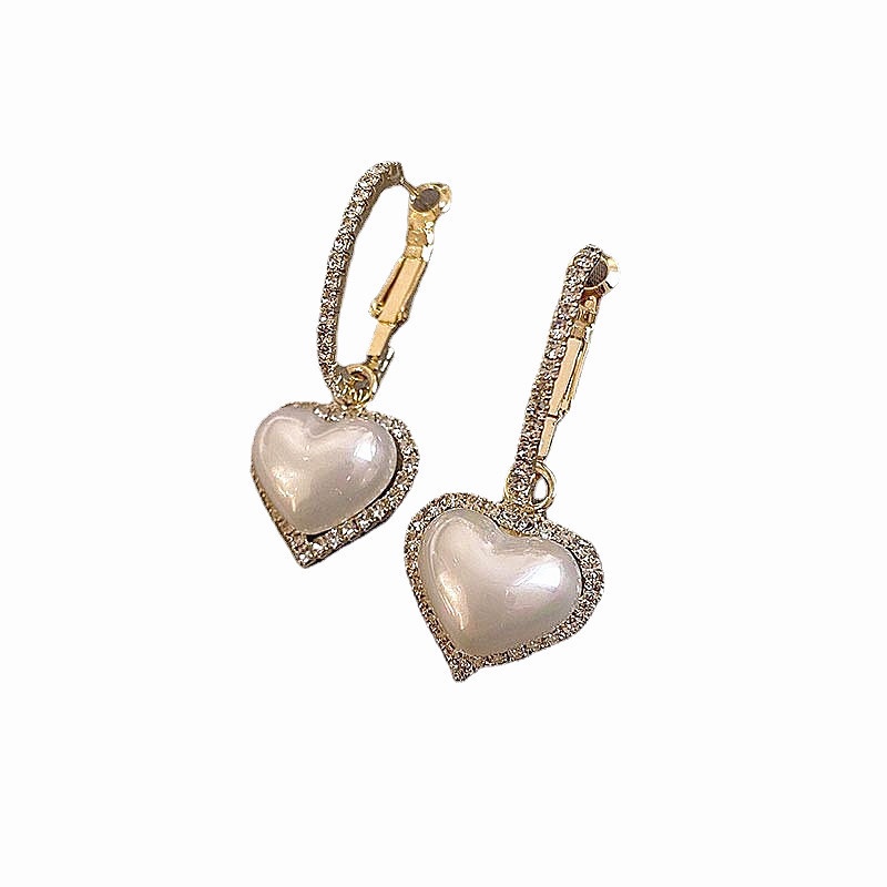Anting Tusuk Gantung Desain Hati Hias Mutiara + Berlian Gaya Korea Untuk Wanita