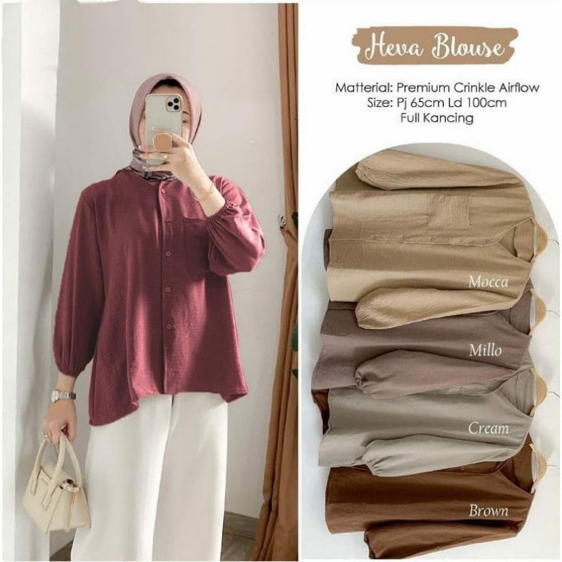 Heva Blouse Wanita Atasan Basic Polos Kancing Depan Kekinian