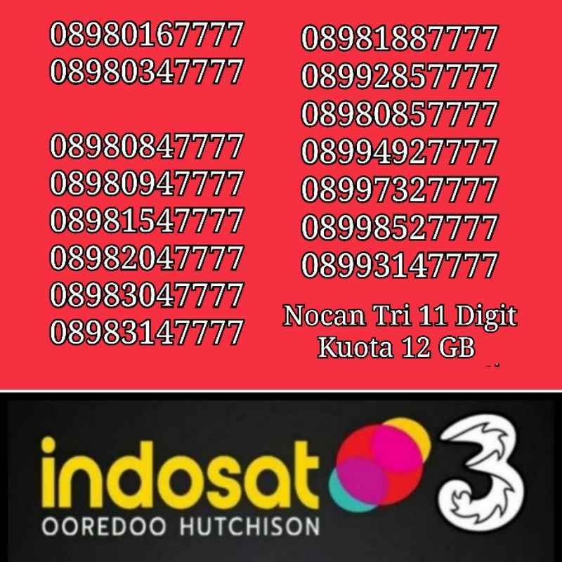 Nomor Cantik Nocan 11 Digit Kuartet 7 Kartu Perdana Tri 3 Three 4G LTE Kuota 12 GB