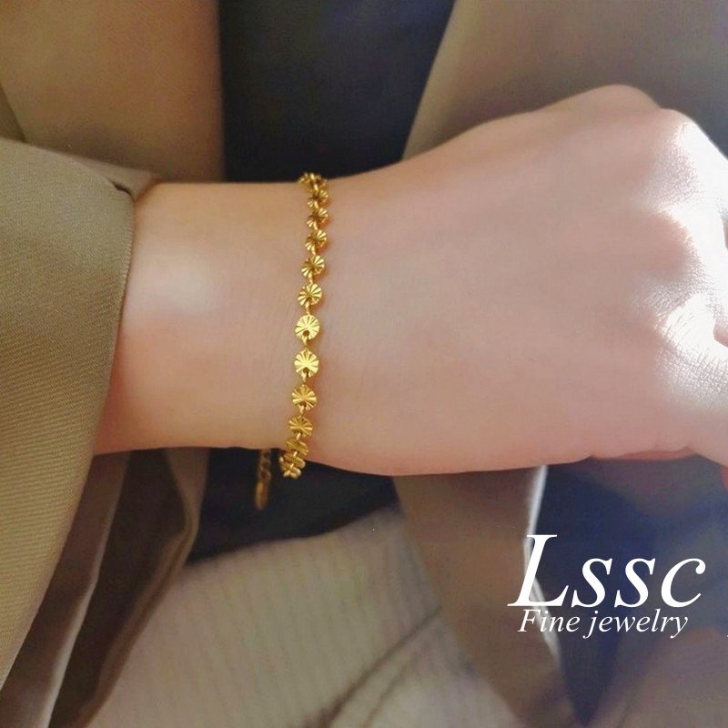 Gelang Titanium Asli Wanita Anti Karat Lapis Emas 18k Keberuntungan Perhiasan Korea