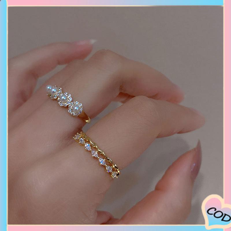 COD❤️Double-layer Retro Pearl Diamond Ring Niche Light Desain Mewah Cincin Dapat Disesuaikan Terbuka-A.one