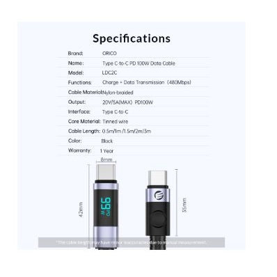 Cable type-c to usb-c pd orico 50cm 5A 480Mbps 100w fast charging braided with display LDC2C-05 - Kabel charge data 0.5m