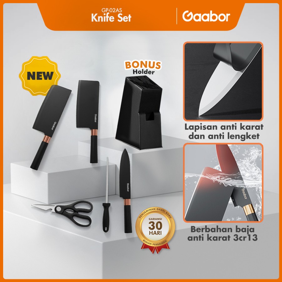 Gaabor Knife Set Kitchen 5 in 1 GP-02AS / Pisau Set Dapur 4 pcs Knife Set Bonus Pengupas Buah Gunting Dapur