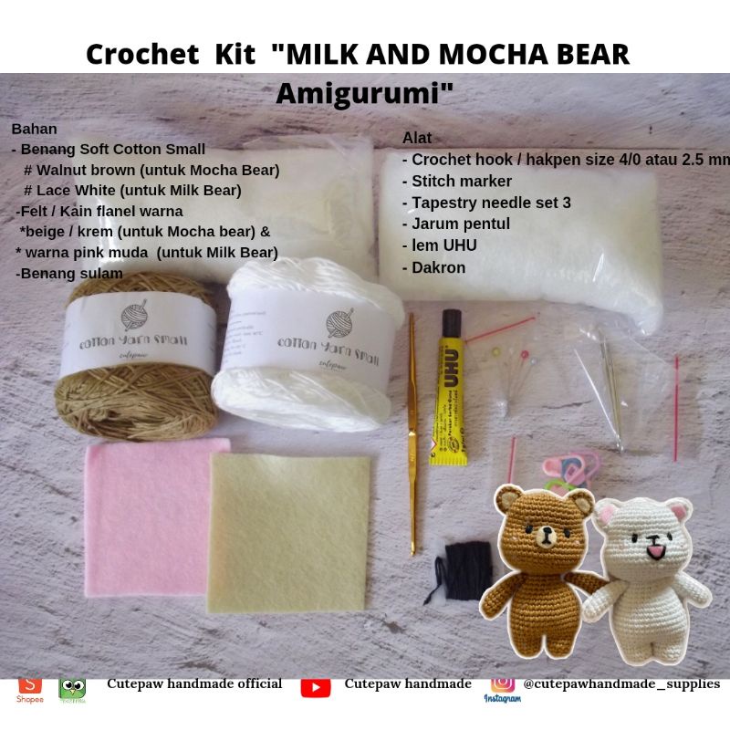 Crochet Kit Milk & Mocha Bear Amigurumi - Free Tutorial | Belajar bikin boneka Rajut Pemula DIY KIT