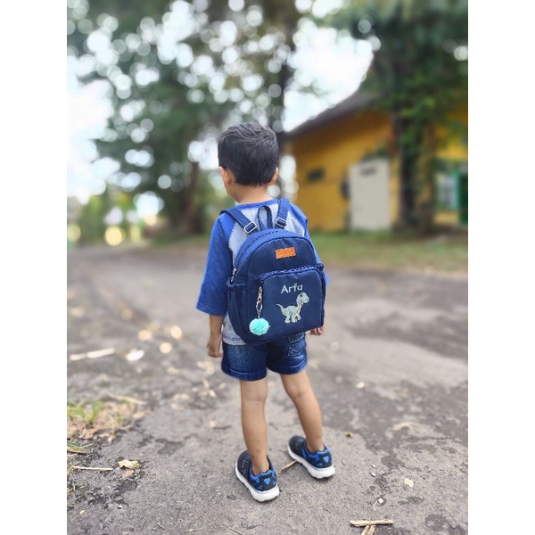 (Backpack Anak Kids) Baglist Navy Biru Dongker tas ransel custom bordir nama gambar paud tk sekolah dino gajah