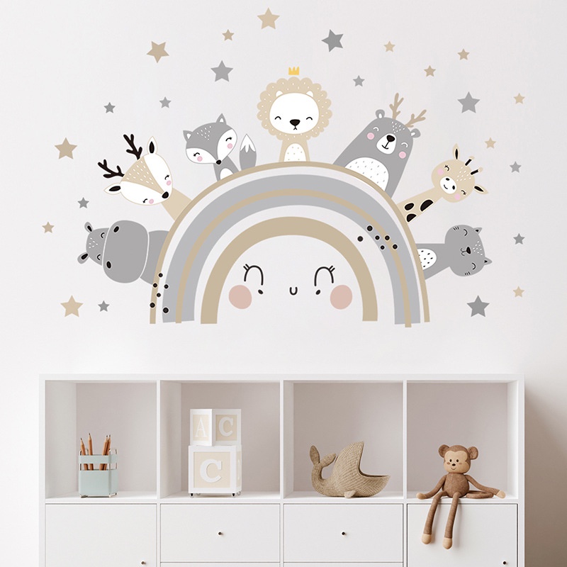 Wallpaper PVC Dekorasi Rumah Kartun Hewan Bintang Lucu Kartun Dekorasi Stiker Dinding Wallpaper Removable Motif Rubah Pelangi Wallpaper Kamar Anak Removable