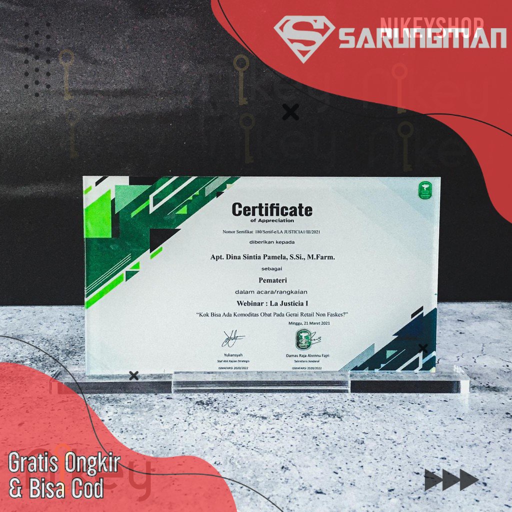 Plakat Seminar, Plakat Akrilik Custom, Piagam Custom, Sertifikat Custom