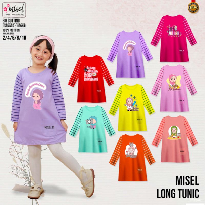 T'shirt Tunik Salur Anak Perempuan Tangan Panjang Motif Karakter Muslim usia 2-9 tahun