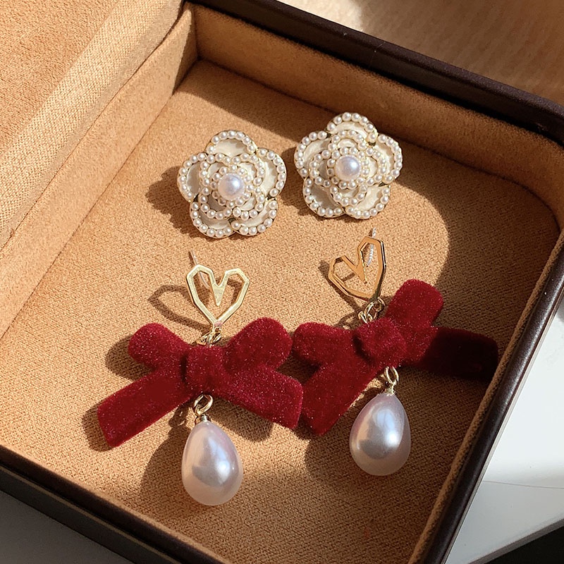 Set Anting Stud Mutiara Warna Merah Gaya Retro Untuk Wanita