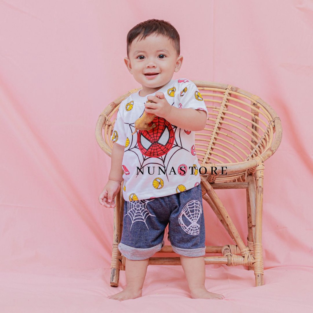 Baju Anak laki laki cowok Usia 3-12 Bulan S886 Motif Kartun Jaring Laba-Laba 02 L setelan dengan celana