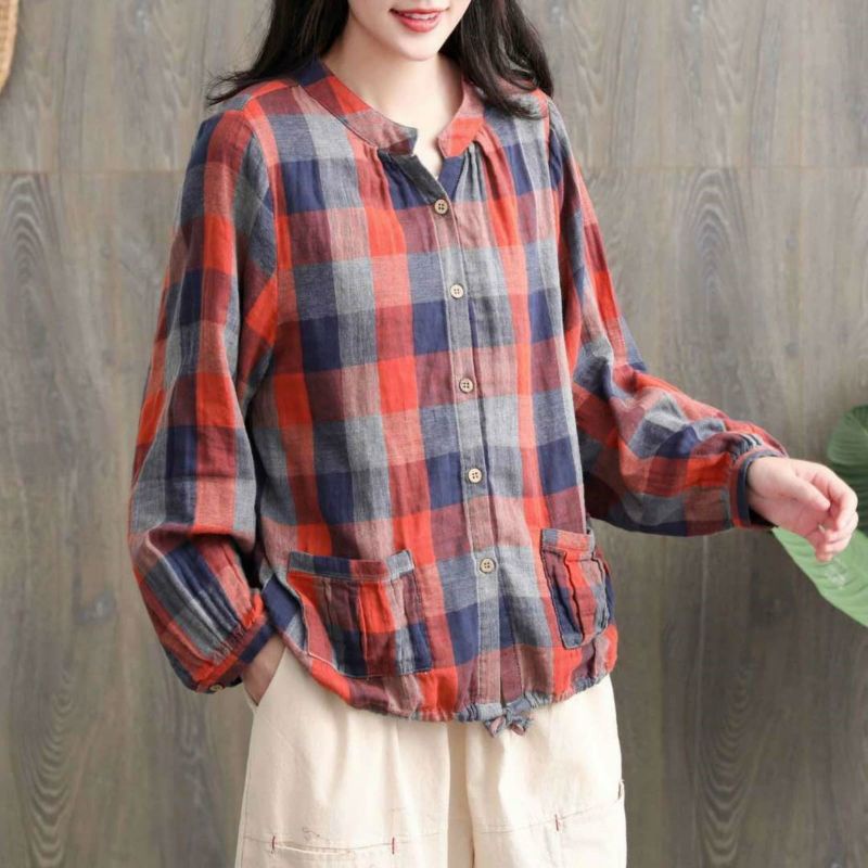 MDLV ~9872# Darlyn Double Cloth Shirt Blouse Kemeja Kotak Import