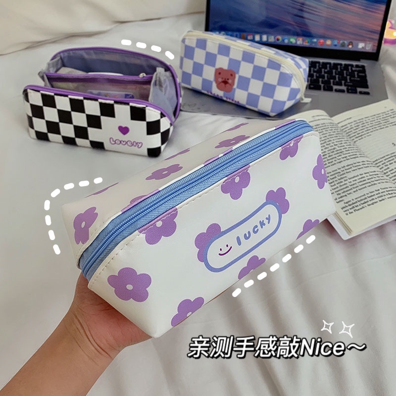 

Simple Plaid Pencil Case Student Large Capacity Stationery Bag Cute Girl Heart Double-Layer Statione