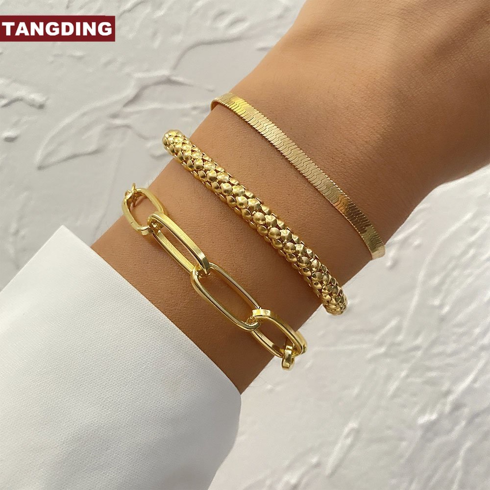 【COD Tangding】3pcs / SET Gelang Rantai Multilayer Bahan Metal Gaya Retro