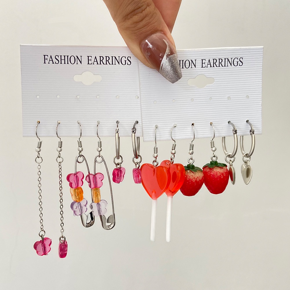 12 Pcs / Set Anting Bentuk Hati Butterfly Strawberry Warna-Warni Bahan Resin Untuk Wanita