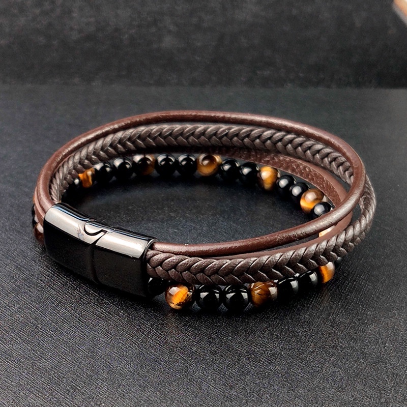 Fashion Trend Men's Vintage Leather with Tiger Eye Stone 4 Layer Bracelet Business Simple Style Accessories Special Gift