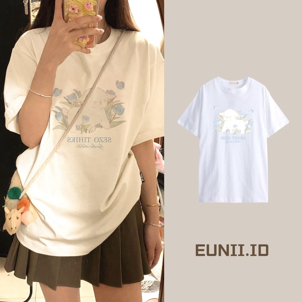 EUNII T-shirt Lengan Pendek Kartun Imut Domba Pencetakan Longgar Korean Style/Kaos Atasan Wanita/Baju Kaus Oversize Wanit