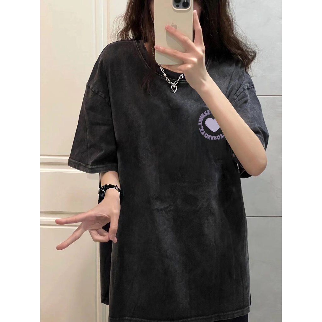 Vintage T-shirt Hitam Washed Oversize Kaos Lengan Pendek Baju Wanita Korean Style