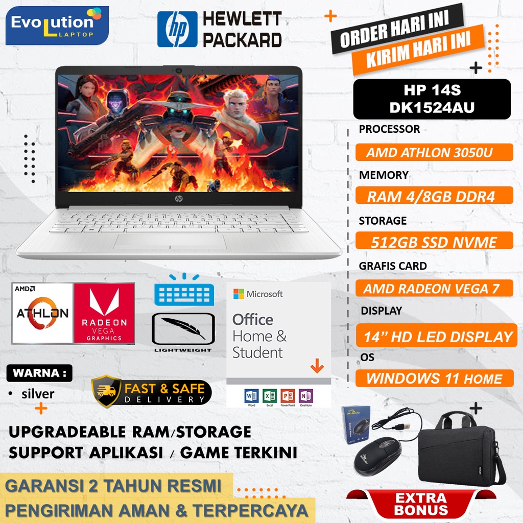 Laptop gaming Hp 14S DK1524AU AMD 3050U RAM 8GB SSD 512GB 14 BACLIGHT KEYBOARD WIN11 RESMI 2TH