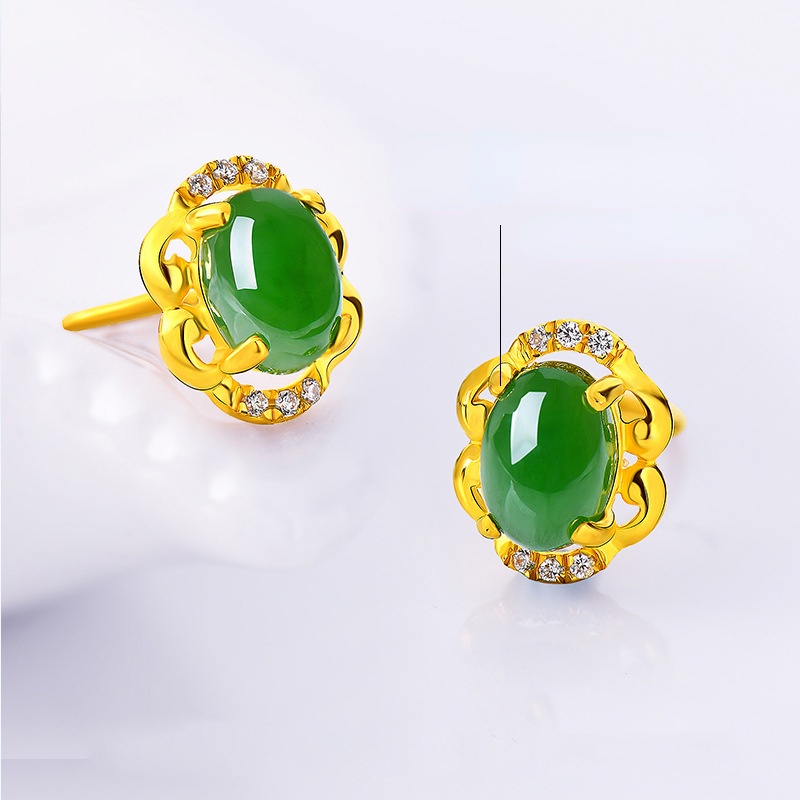 Goldkingdom Perhiasan Fashion Emas Asli Kadar 375 Bangkok Aksesoris Ready Stock Hetian Jasper Stud Anting Wanita Lapis Emas Hias Giok Putih Chrysoprase