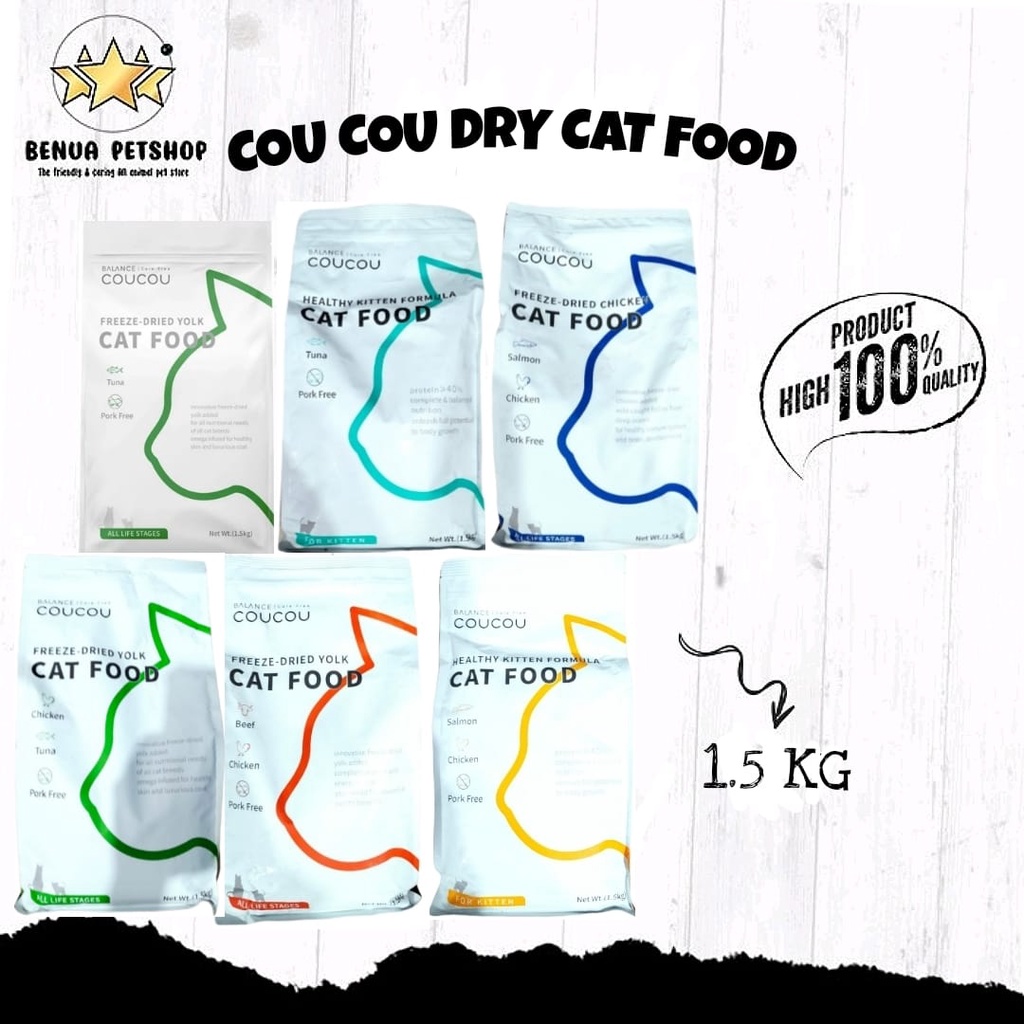 Makanan kucing kering CouCou Dry Food Cat Adult &amp; Kitten Freshpack 1.5kg