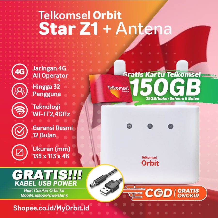 MODEM ORBIT STAR Z1 GRATIS KUOTA 150GB TELKOMSEL HOME MODEM WIFI 4G ZTE ROUTER MF293N + KABEL USB STEP POWER 9 AMPERE + ANTENA ORBIT STAR 2