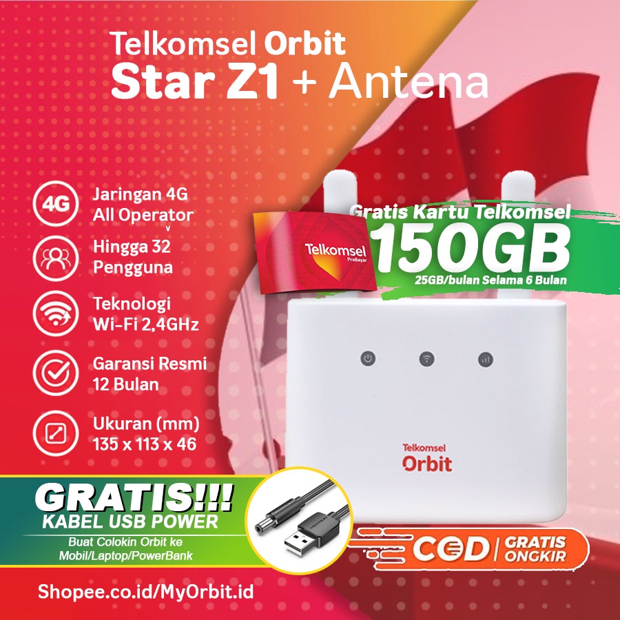 MODEM ORBIT STAR Z1 GRATIS KUOTA 150GB TELKOMSEL HOME MODEM WIFI 4G ZTE ROUTER MF293N + KABEL USB ST